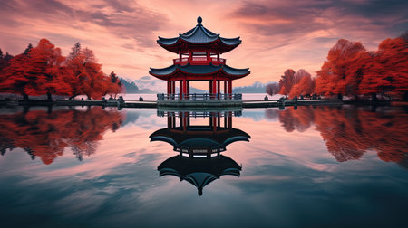 Discover peace and harmony in this captivating image of a Chinese lake pagoda. With its symmetrical arrangement and high-angle perspective, it evokes a sense of tranquility and zen. This stunning artwork, captured by Jay Ngopah, showcases the beauty of Chinese tradition and the artistry of Ray Tracing. Immerse yourself in the serene ambiance of this tranquil scene.の素材