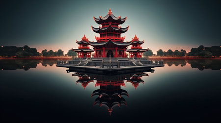 Discover peace and harmony in this captivating image of a Chinese lake pagoda. With its symmetrical arrangement and high-angle perspective, it evokes a sense of tranquility and zen. This stunning artwork, captured by Jay Ngopah, showcases the beauty of Chinese tradition and the artistry of Ray Tracing. Immerse yourself in the serene ambiance of this tranquil scene.の素材