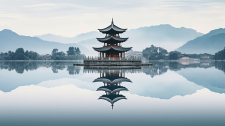 Discover peace and harmony in this captivating image of a Chinese lake pagoda. With its symmetrical arrangement and high-angle perspective, it evokes a sense of tranquility and zen. This stunning artwork, captured by Jay Ngopah, showcases the beauty of Chinese tradition and the artistry of Ray Tracing. Immerse yourself in the serene ambiance of this tranquil scene.の素材