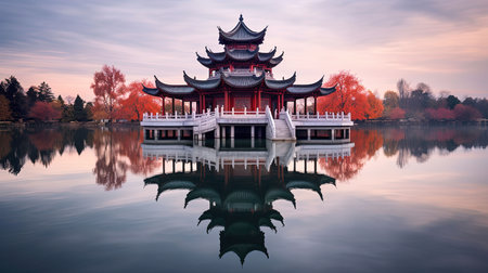 Discover peace and harmony in this captivating image of a Chinese lake pagoda. With its symmetrical arrangement and high-angle perspective, it evokes a sense of tranquility and zen. This stunning artwork, captured by Jay Ngopah, showcases the beauty of Chinese tradition and the artistry of Ray Tracing. Immerse yourself in the serene ambiance of this tranquil scene.の素材