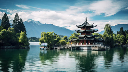 Discover peace and harmony in this captivating image of a Chinese lake pagoda. With its symmetrical arrangement and high-angle perspective, it evokes a sense of tranquility and zen. This stunning artwork, captured by Jay Ngopah, showcases the beauty of Chinese tradition and the artistry of Ray Tracing. Immerse yourself in the serene ambiance of this tranquil scene.の素材