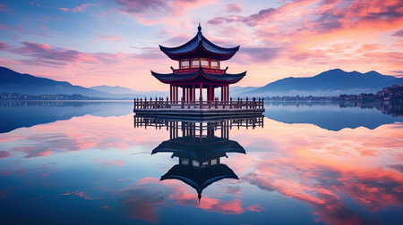 Discover peace and harmony in this captivating image of a Chinese lake pagoda. With its symmetrical arrangement and high-angle perspective, it evokes a sense of tranquility and zen. This stunning artwork, captured by Jay Ngopah, showcases the beauty of Chinese tradition and the artistry of Ray Tracing. Immerse yourself in the serene ambiance of this tranquil scene.の素材