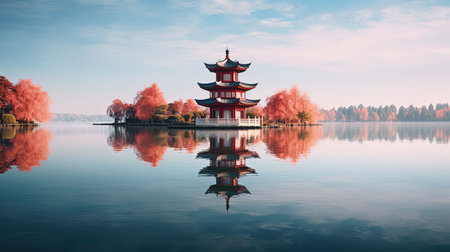 Discover peace and harmony in this captivating image of a Chinese lake pagoda. With its symmetrical arrangement and high-angle perspective, it evokes a sense of tranquility and zen. This stunning artwork, captured by Jay Ngopah, showcases the beauty of Chinese tradition and the artistry of Ray Tracing. Immerse yourself in the serene ambiance of this tranquil scene.の素材