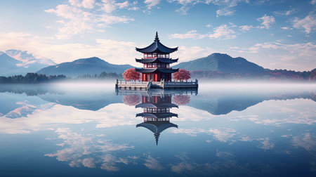 Discover peace and harmony in this captivating image of a Chinese lake pagoda. With its symmetrical arrangement and high-angle perspective, it evokes a sense of tranquility and zen. This stunning artwork, captured by Jay Ngopah, showcases the beauty of Chinese tradition and the artistry of Ray Tracing. Immerse yourself in the serene ambiance of this tranquil scene.の素材