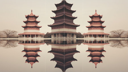 Discover peace and harmony in this captivating image of a Chinese lake pagoda. With its symmetrical arrangement and high-angle perspective, it evokes a sense of tranquility and zen. This stunning artwork, captured by Jay Ngopah, showcases the beauty of Chinese tradition and the artistry of Ray Tracing. Immerse yourself in the serene ambiance of this tranquil scene.の素材