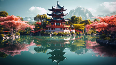 Discover peace and harmony in this captivating image of a Chinese lake pagoda. With its symmetrical arrangement and high-angle perspective, it evokes a sense of tranquility and zen. This stunning artwork, captured by Jay Ngopah, showcases the beauty of Chinese tradition and the artistry of Ray Tracing. Immerse yourself in the serene ambiance of this tranquil scene.の素材