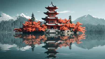 Discover peace and harmony in this captivating image of a Chinese lake pagoda. With its symmetrical arrangement and high-angle perspective, it evokes a sense of tranquility and zen. This stunning artwork, captured by Jay Ngopah, showcases the beauty of Chinese tradition and the artistry of Ray Tracing. Immerse yourself in the serene ambiance of this tranquil scene.の素材