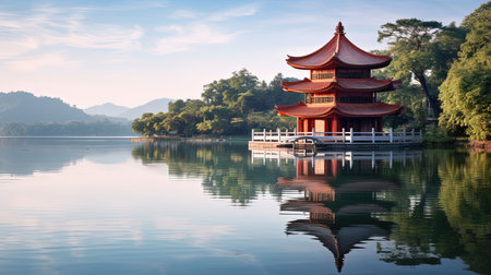 Discover peace and harmony in this captivating image of a Chinese lake pagoda. With its symmetrical arrangement and high-angle perspective, it evokes a sense of tranquility and zen. This stunning artwork, captured by Jay Ngopah, showcases the beauty of Chinese tradition and the artistry of Ray Tracing. Immerse yourself in the serene ambiance of this tranquil scene.の素材