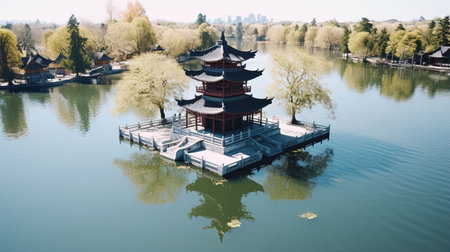 Discover peace and harmony in this captivating image of a Chinese lake pagoda. With its symmetrical arrangement and high-angle perspective, it evokes a sense of tranquility and zen. This stunning artwork, captured by Jay Ngopah, showcases the beauty of Chinese tradition and the artistry of Ray Tracing. Immerse yourself in the serene ambiance of this tranquil scene.の素材