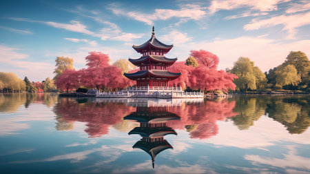 Discover peace and harmony in this captivating image of a Chinese lake pagoda. With its symmetrical arrangement and high-angle perspective, it evokes a sense of tranquility and zen. This stunning artwork, captured by Jay Ngopah, showcases the beauty of Chinese tradition and the artistry of Ray Tracing. Immerse yourself in the serene ambiance of this tranquil scene.の素材