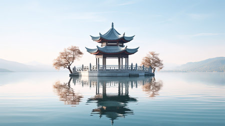 Discover peace and harmony in this captivating image of a Chinese lake pagoda. With its symmetrical arrangement and high-angle perspective, it evokes a sense of tranquility and zen. This stunning artwork, captured by Jay Ngopah, showcases the beauty of Chinese tradition and the artistry of Ray Tracing. Immerse yourself in the serene ambiance of this tranquil scene.の素材