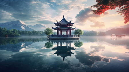 Discover peace and harmony in this captivating image of a Chinese lake pagoda. With its symmetrical arrangement and high-angle perspective, it evokes a sense of tranquility and zen. This stunning artwork, captured by Jay Ngopah, showcases the beauty of Chinese tradition and the artistry of Ray Tracing. Immerse yourself in the serene ambiance of this tranquil scene.の素材