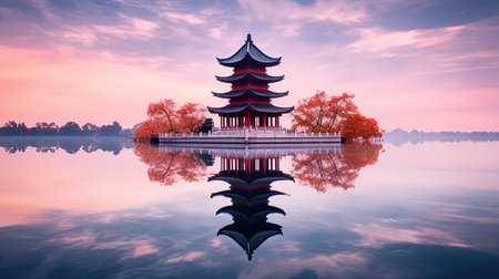 Discover peace and harmony in this captivating image of a Chinese lake pagoda. With its symmetrical arrangement and high-angle perspective, it evokes a sense of tranquility and zen. This stunning artwork, captured by Jay Ngopah, showcases the beauty of Chinese tradition and the artistry of Ray Tracing. Immerse yourself in the serene ambiance of this tranquil scene.の素材