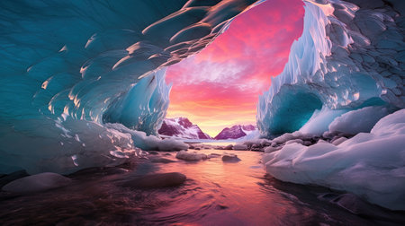 Discover the hidden world within a glacier, where whimsical wonders await behind arched doorways. Lose yourself in the richly colored skies and the eye-catching composition of this staged photography. Let your wandering eye explore the depths of this mesmerizing masterpiece.の素材