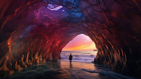 Discover the hidden world within a glacier, where whimsical wonders await behind arched doorways. Lose yourself in the richly colored skies and the eye-catching composition of this staged photography. Let your wandering eye explore the depths of this mesmerizing masterpiece.の素材