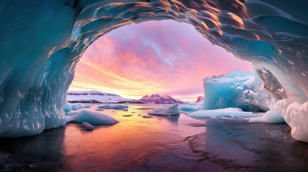 Discover the hidden world within a glacier, where whimsical wonders await behind arched doorways. Lose yourself in the richly colored skies and the eye-catching composition of this staged photography. Let your wandering eye explore the depths of this mesmerizing masterpiece.の素材