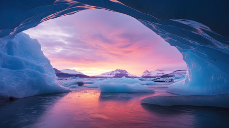 Discover the hidden world within a glacier, where whimsical wonders await behind arched doorways. Lose yourself in the richly colored skies and the eye-catching composition of this staged photography. Let your wandering eye explore the depths of this mesmerizing masterpiece.の素材