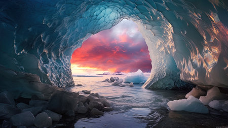 Discover the hidden world within a glacier, where whimsical wonders await behind arched doorways. Lose yourself in the richly colored skies and the eye-catching composition of this staged photography. Let your wandering eye explore the depths of this mesmerizing masterpiece.の素材
