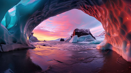 Discover the hidden world within a glacier, where whimsical wonders await behind arched doorways. Lose yourself in the richly colored skies and the eye-catching composition of this staged photography. Let your wandering eye explore the depths of this mesmerizing masterpiece.の素材