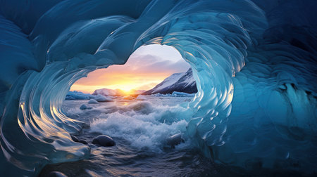 Discover the hidden world within a glacier, where whimsical wonders await behind arched doorways. Lose yourself in the richly colored skies and the eye-catching composition of this staged photography. Let your wandering eye explore the depths of this mesmerizing masterpiece.の素材