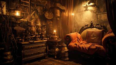 Vintage interior of old house with fireplace and chair. Horror Halloween concept.の素材