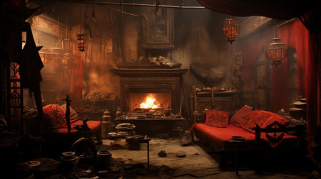 Vintage interior of old house with fireplace and chair. Horror Halloween concept.の素材