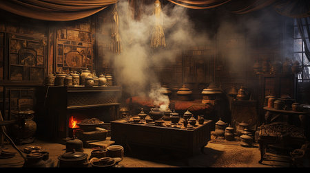 Vintage interior of old house with fireplace and chair. Horror Halloween concept.の素材