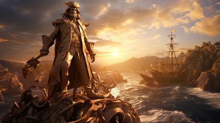 Experience the awe-inspiring presence of a majestic marble statue amidst the golden sunlight. Transport yourself to a vibrant medieval pirate bay, where adventure awaits at every turn. This captivating photograph captures the grandeur of national geographic and the timeless beauty of a bygone era.の素材