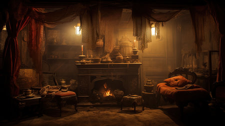 Vintage interior of an old room with a fireplace. Horror Halloween concept.の素材