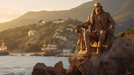 Experience the awe-inspiring presence of a majestic marble statue amidst the golden sunlight. Transport yourself to a vibrant medieval pirate bay, where adventure awaits at every turn. This captivating photograph captures the grandeur of national geographic and the timeless beauty of a bygone era.の素材