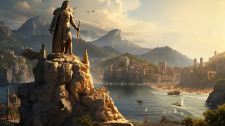 Experience the awe-inspiring presence of a majestic marble statue amidst the golden sunlight. Transport yourself to a vibrant medieval pirate bay, where adventure awaits at every turn. This captivating photograph captures the grandeur of national geographic and the timeless beauty of a bygone era.の素材