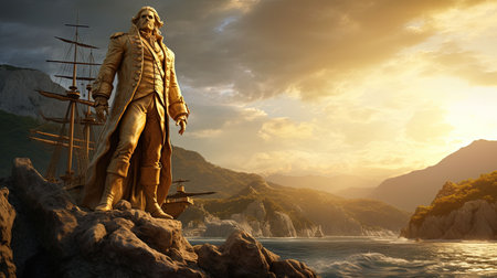 Experience the awe-inspiring presence of a majestic marble statue amidst the golden sunlight. Transport yourself to a vibrant medieval pirate bay, where adventure awaits at every turn. This captivating photograph captures the grandeur of national geographic and the timeless beauty of a bygone era.の素材