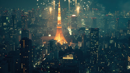 A dazzling array of fireworks explode in a kaleidoscope of colors over the Tokyo skyline at night Celebrate New Years Eve in grand style with Tokyo Tower at the center of an intense and elaborate fireworks display symbolizing the grandeur of the nightの素材