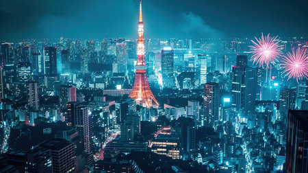 A dazzling array of fireworks explode in a kaleidoscope of colors over the Tokyo skyline at night Celebrate New Years Eve in grand style with Tokyo Tower at the center of an intense and elaborate fireworks display symbolizing the grandeur of the nightの素材