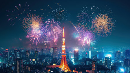 A dazzling array of fireworks explode in a kaleidoscope of colors over the Tokyo skyline at night Celebrate New Years Eve in grand style with Tokyo Tower at the center of an intense and elaborate fireworks display symbolizing the grandeur of the nightの素材