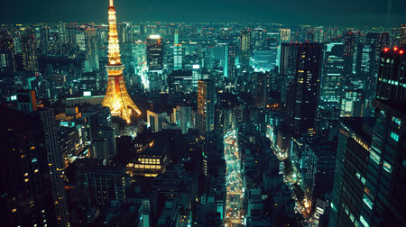 A dazzling array of fireworks explode in a kaleidoscope of colors over the Tokyo skyline at night Celebrate New Years Eve in grand style with Tokyo Tower at the center of an intense and elaborate fireworks display symbolizing the grandeur of the nightの素材