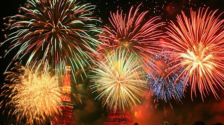 A dazzling array of fireworks explode in a kaleidoscope of colors over the Tokyo skyline at night Celebrate New Years Eve in grand style with Tokyo Tower at the center of an intense and elaborate fireworks display symbolizing the grandeur of the nightの素材