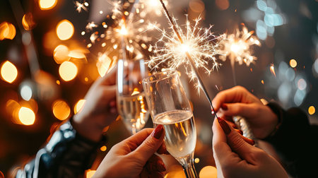 Capture the celebratory spirit of the New Year with this spectacular bursting with vibrant and colorful fireworks in the night sky Enjoy the joyous atmosphere of people in celebratory attire holding sparklers and glasses of champagne against an urban landscape of iconic buildings magnificently lit up in the night sky reflections of the fireworks shimmering in nearby body of water Great for conveying a sense of grandeur celebration and the start of a hopeful new yearの素材