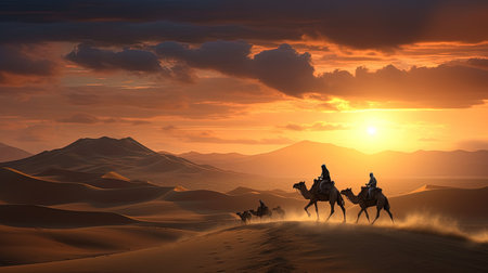 A Photograph capturing the breathtaking beauty of a vast open desert and an ancient nomadic tribe gracefully traversing its windswept dunes under a golden sunset immortalizing the magnificent spirit of human resilience amidst natures embraceの素材