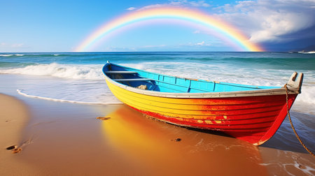 A boating scene on the beach under a rainbow illuminated by an awe-inspiring luminous color palette of light amber and azure Be whisked away to pictorial dreams that come alive with gorgeous colors and a dreamy mystical interpretationの素材