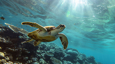 A cinematic underwater scene of sea turtles gracefully swimming among vibrant and colorful coral reefs in the Great Barrier Reef illuminated by natural sunlight filtering through the water creating a serene and lively marine ecosystemの素材