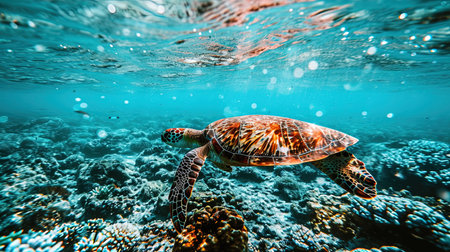 A cinematic underwater scene of sea turtles gracefully swimming among vibrant and colorful coral reefs in the Great Barrier Reef illuminated by natural sunlight filtering through the water creating a serene and lively marine ecosystemの素材