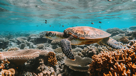 A cinematic underwater scene of sea turtles gracefully swimming among vibrant and colorful coral reefs in the Great Barrier Reef illuminated by natural sunlight filtering through the water creating a serene and lively marine ecosystemの素材