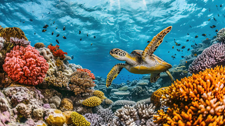 A cinematic underwater scene of sea turtles gracefully swimming among vibrant and colorful coral reefs in the Great Barrier Reef illuminated by natural sunlight filtering through the water creating a serene and lively marine ecosystemの素材
