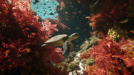 A cinematic underwater scene of sea turtles gracefully swimming among vibrant and colorful coral reefs in the Great Barrier Reef illuminated by natural sunlight filtering through the water creating a serene and lively marine ecosystemの素材