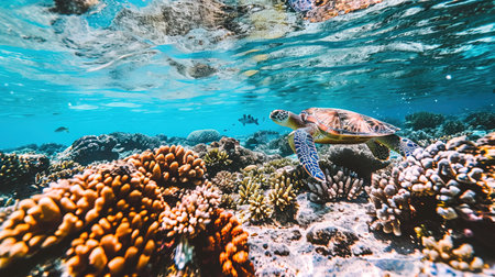 A cinematic underwater scene of sea turtles gracefully swimming among vibrant and colorful coral reefs in the Great Barrier Reef illuminated by natural sunlight filtering through the water creating a serene and lively marine ecosystemの素材