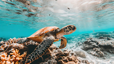 A cinematic underwater scene of sea turtles gracefully swimming among vibrant and colorful coral reefs in the Great Barrier Reef illuminated by natural sunlight filtering through the water creating a serene and lively marine ecosystemの素材