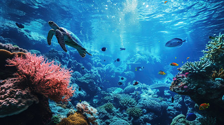 A cinematic underwater scene of sea turtles gracefully swimming among vibrant and colorful coral reefs in the Great Barrier Reef illuminated by natural sunlight filtering through the water creating a serene and lively marine ecosystemの素材