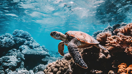 A cinematic underwater scene of sea turtles gracefully swimming among vibrant and colorful coral reefs in the Great Barrier Reef illuminated by natural sunlight filtering through the water creating a serene and lively marine ecosystemの素材