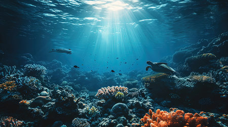 A cinematic underwater scene of sea turtles gracefully swimming among vibrant and colorful coral reefs in the Great Barrier Reef illuminated by natural sunlight filtering through the water creating a serene and lively marine ecosystemの素材